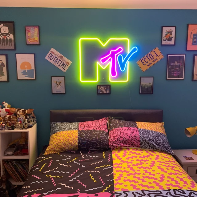 Custom Design Multi Colour Led Neon Light Hanging Above Bedroom'S Bed