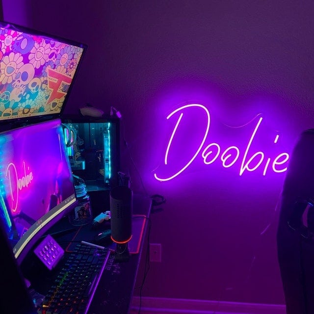 doobie purple neon sign in gaming room