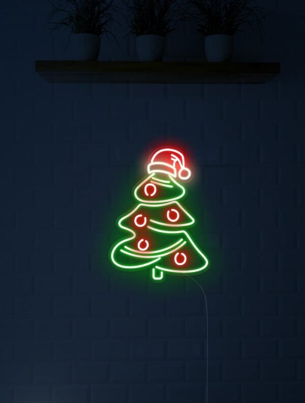 Christmas tree with Santa hat neon sign holiday decor