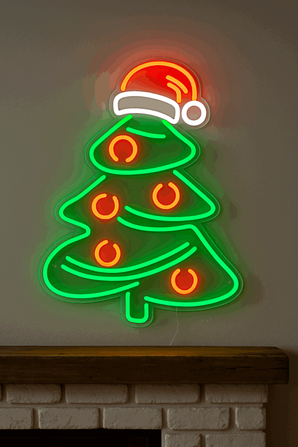 Christmas tree with Santa hat sign holiday decor