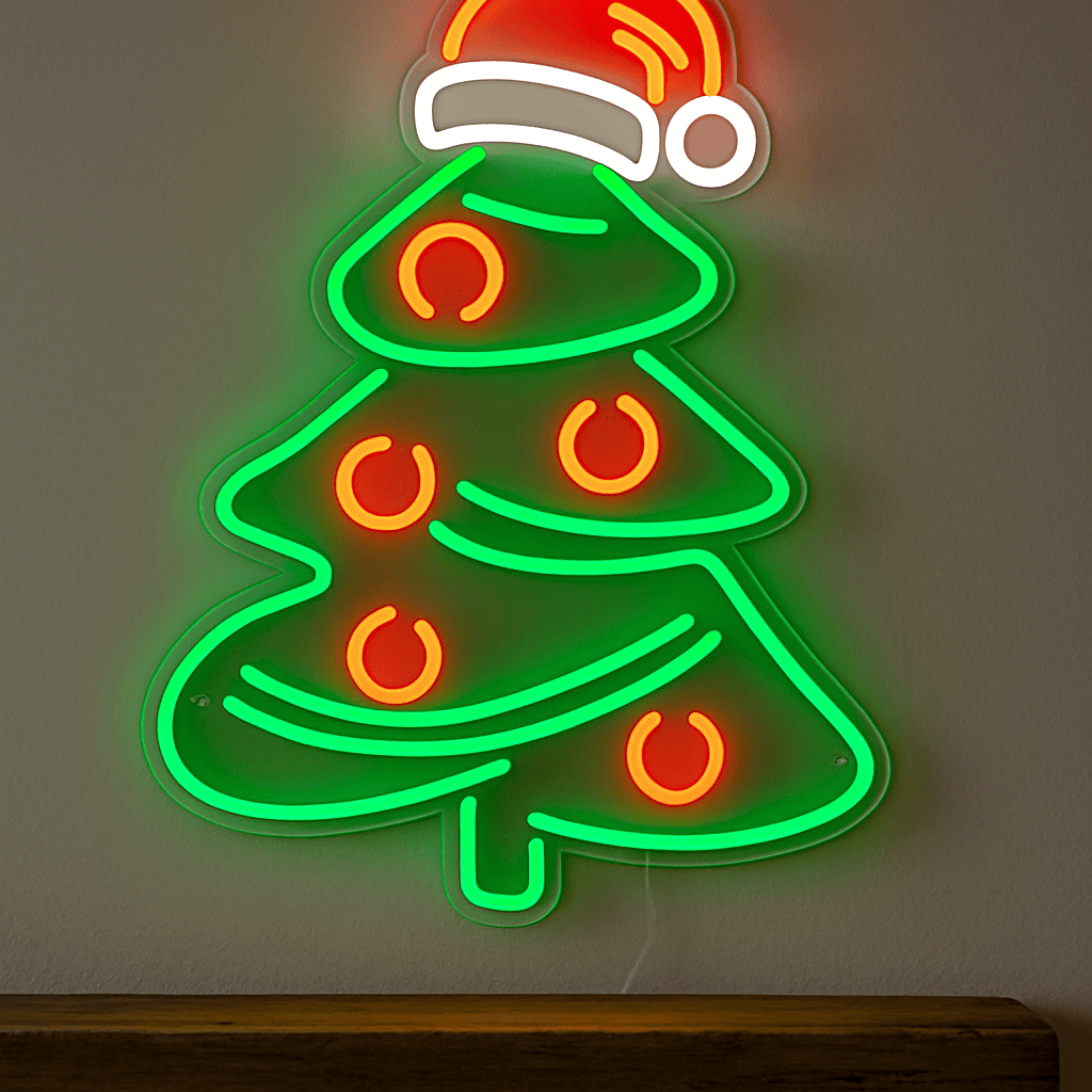 Christmas tree with Santa hat sign holiday decor