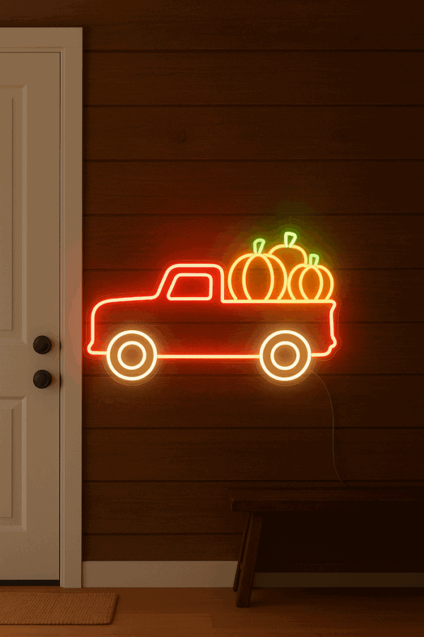 Red truck with pumpkin harvest neon sign halloween decor