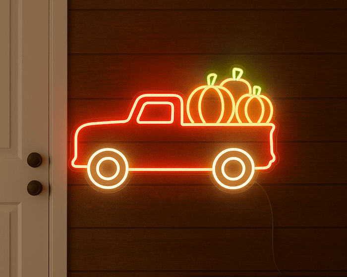 Red truck with pumpkin harvest neon sign halloween decor