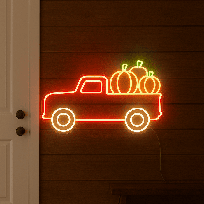 Red truck with pumpkin harvest neon sign halloween decor