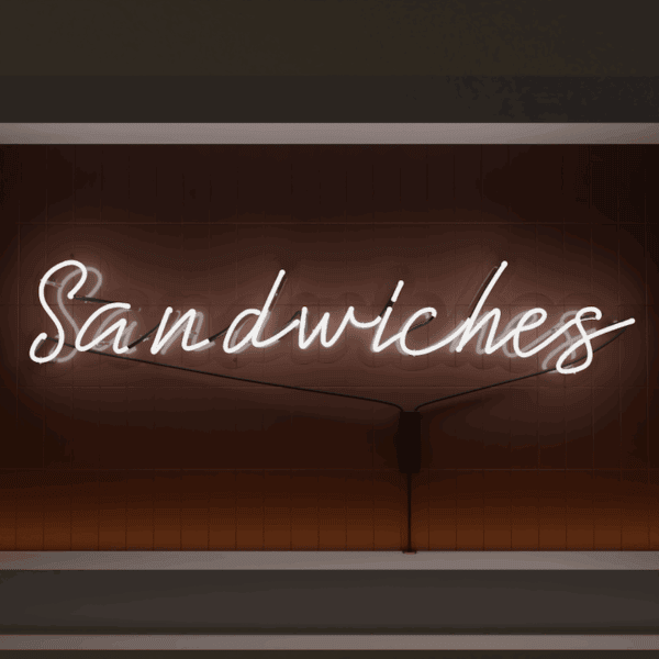 Sandwiches vintage neon sign white glass neon cafe and restaurant