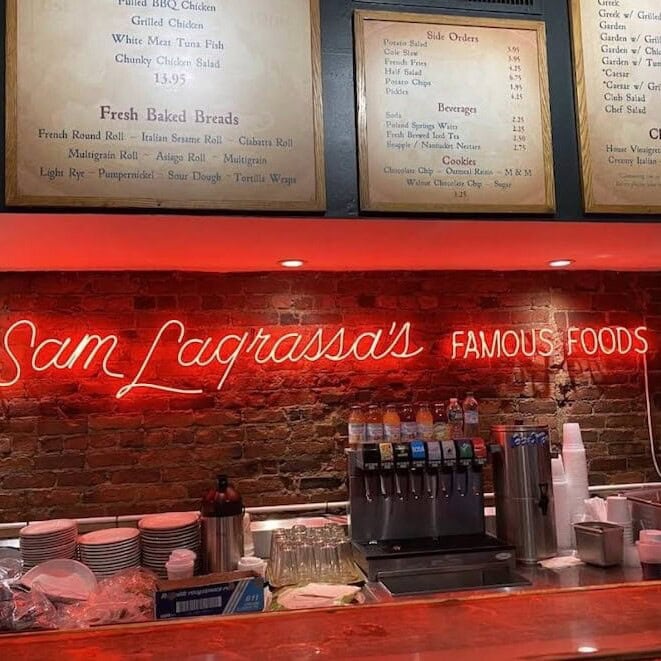 Sam LaGrassa's sandwich and bakery restaurant neon sign in Boston