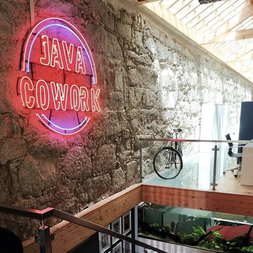 java cowork space custom glass neon sign