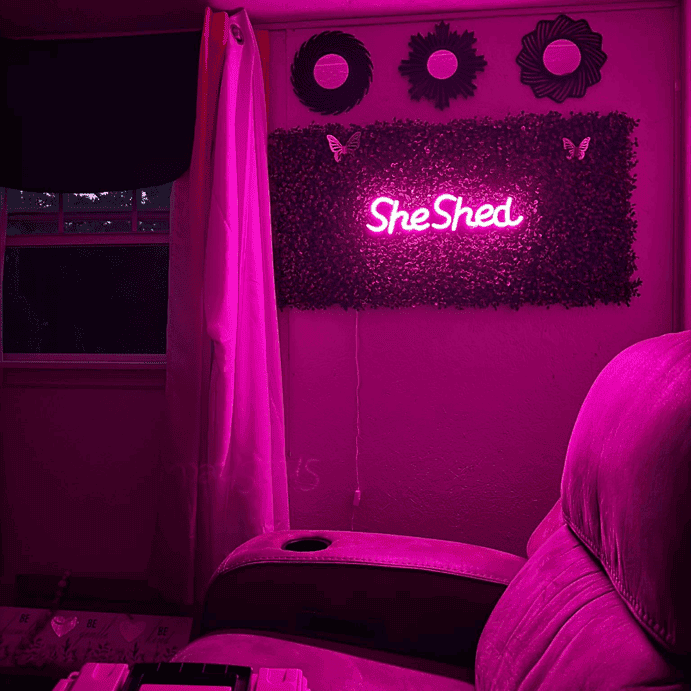 small pink neon sign for she shed space